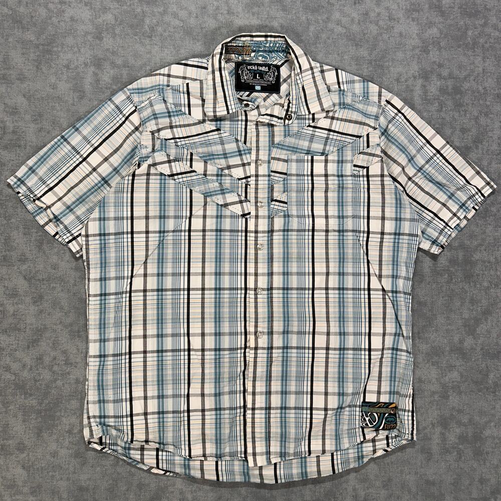 Ecko Unltd Y2K Plaid Button Up Shirt Mens L Blue White Short Sleeve Western